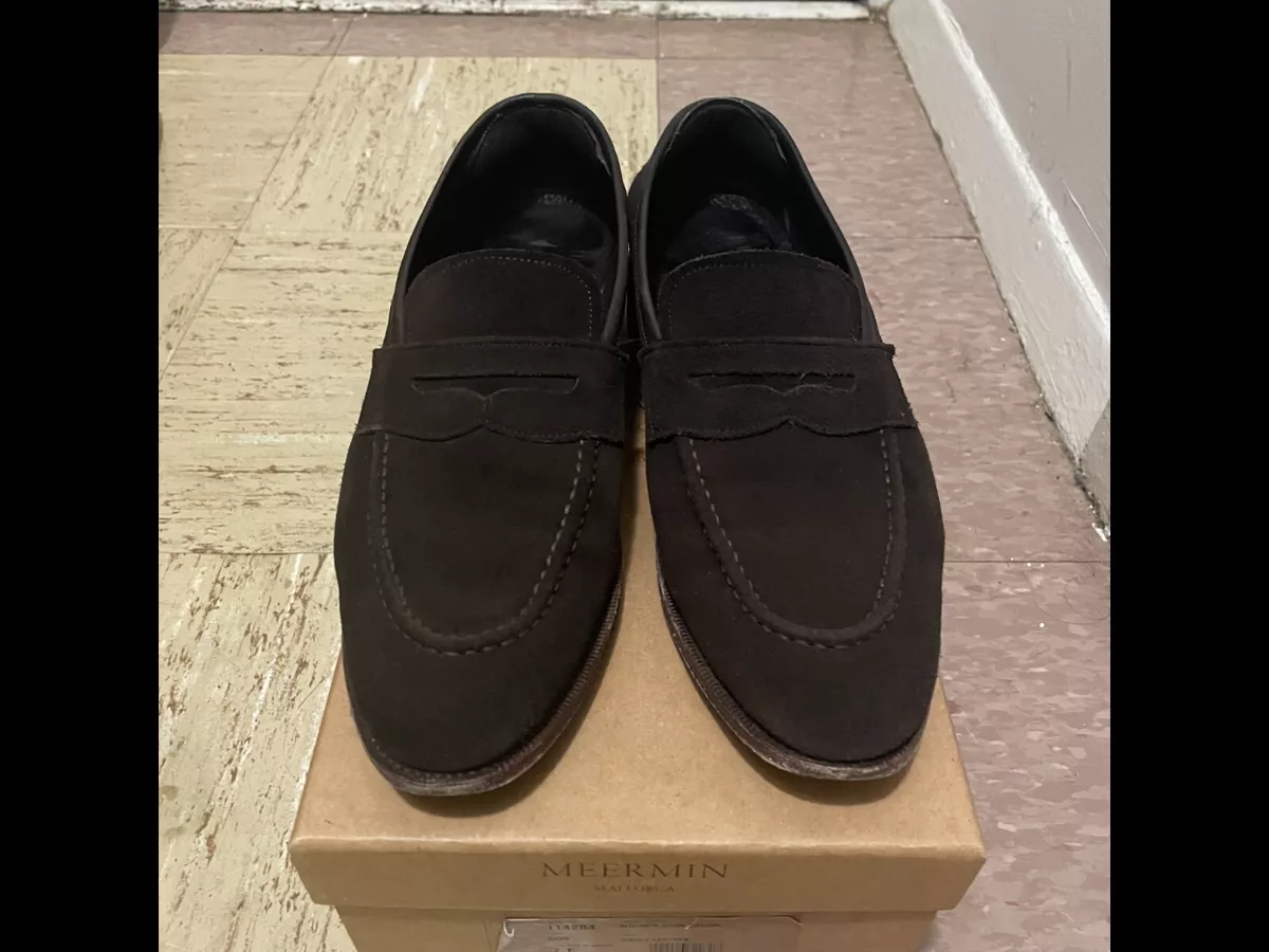 Meermin Penny Loafers UK 7E Men Dark Brown Suede worn 6x outside