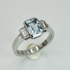 18ct White Gold Aquamarine & Diamond Deco Trilogy Ring New W/Box L RRP£3295 ER75