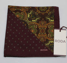 Roda NWT 100 Wool Pocket Square In Burgundy w/ Orange, Green Blue Geometric