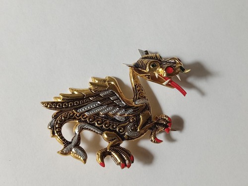 Vintage Spain Dragon Damascene Enamel Gold Tone Brooch Pin