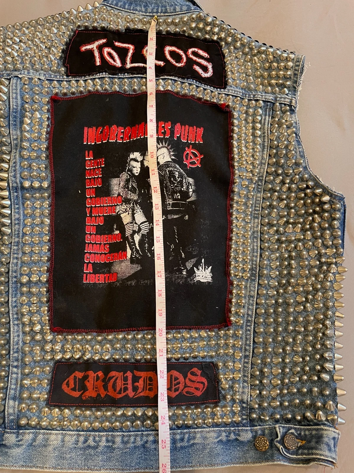 RARE Mexican/Latinx PUNK vest. Los Crudos, Tozcos Studded, patched, denim L / XL image 4