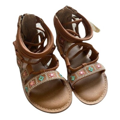 kidpik Girls Sandals Size 1 Gladiator Style Tassels Embroidered Back Zip NEW