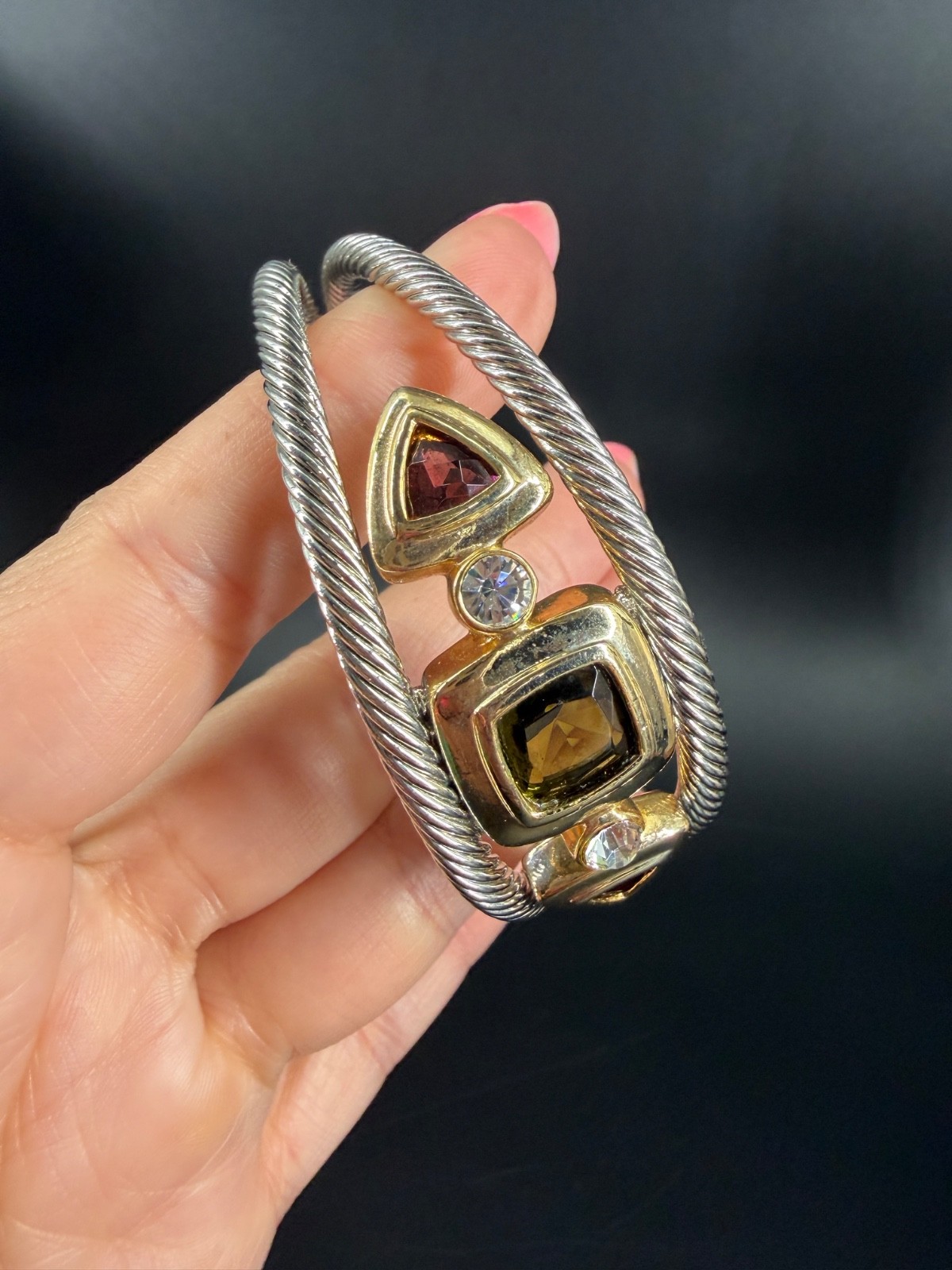 Twisted Cable Cuff Bracelet Geometric Gemstone Go… - image 3