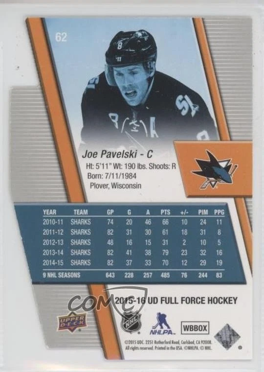 2015-16 Upper Deck Full Force Die-Cut /25 Joe Pavelski #62 - Image 2 of 2