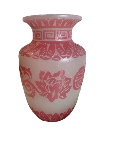 Steuben Rosaline Acid Cut Back Glass Vase - 7" T