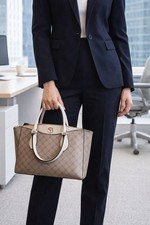 Nine West Logo Satchel Taupe Monogram Tote Cream Trim Zip Top