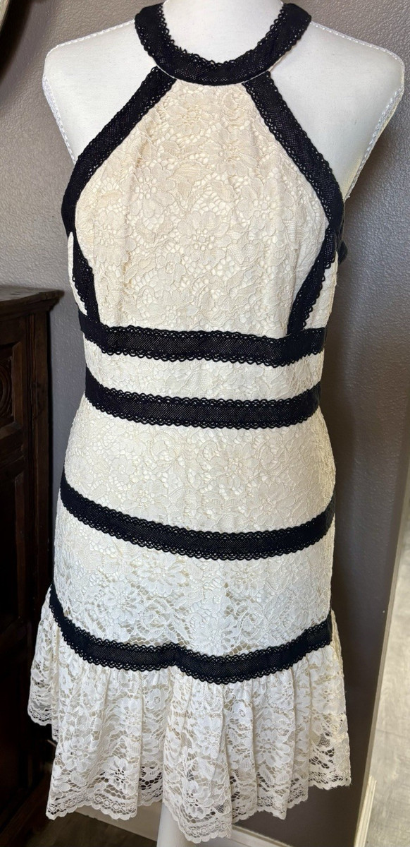 bcbg ivory lace dress BCBGMAXAZRIA Ivory/Black Floral Halter Fit & Flare Lined 6 Sample 06/22/2026