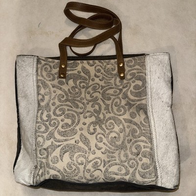 Myra Bag Cowhide Leather & Canvas Filigree Tote Handmade Boho Chic Purse