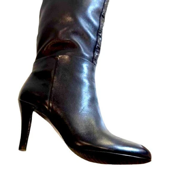 Botas hasta la rodilla TAHARI Gabe | Cuero negro, ribete de piel de serpiente | Y2K Vintage Glam | Talla 6 Foto 3 de 4