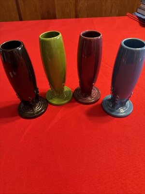 #ad 4 Set Fiesta Vintage MCM 6.25quot; Art Deco Black Peacock Plum Shamrock Bud Vases $99.00