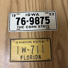 2) Vintage Bicycle license plate 1953-54 Wheaties Cereal Iowa, Florida 1961