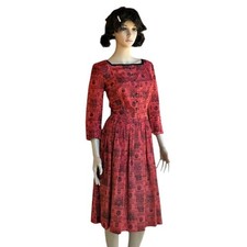 Vintage 50s Pink Red Dress S Taffeta Romantic Fit and Flare 27" waist