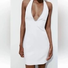 Women's Zara White Halter Mini Dress with Silver Chain Trim S