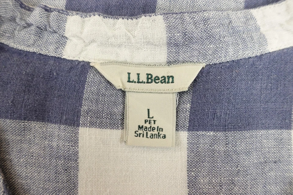 LL Bean Womens Size Large Petite Blue Plaid Linen V Neck Pullover Top *Flaw - Image 3 of 4