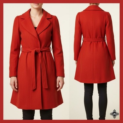RVHSWDS Coat Women L Red Wool Blend Belted Trench Jacket Winter A-Line Snaps