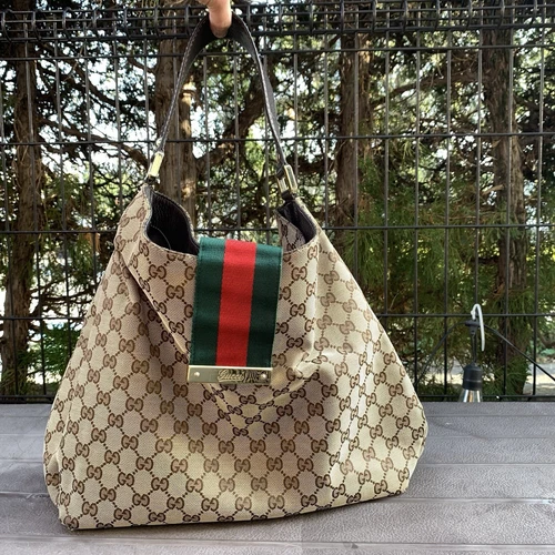 Autentica borsa a tracolla Gucci Web Hobo beige 211933 donna GG tela buona