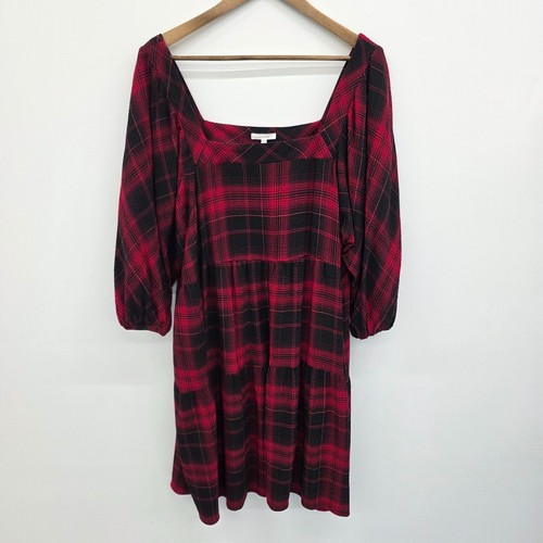 Maurices Womens Red Black Plaid Square Neck Midi Dress Tiered Balloon Sleeve XXL - Picture 4 of 16