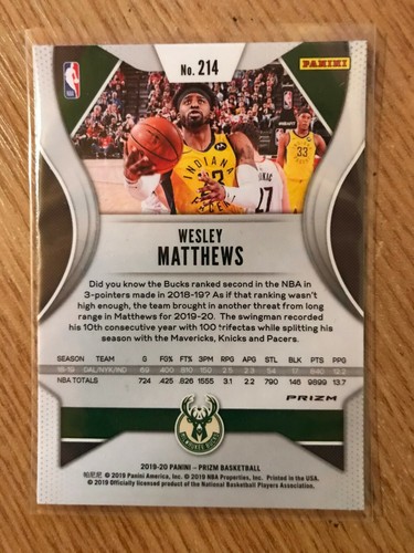 2019-20 Panini Prizm Basketball Wesley Matthews #214 Red White Blue Prizm Parall - Bild 2 von 2