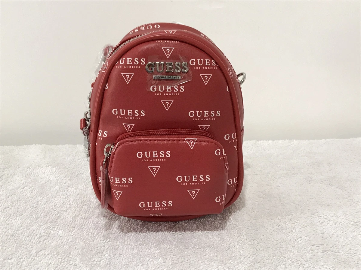 Guess Red with White Guess Branding Faux Leather Mini Backpack Crossbody NEW