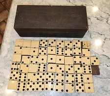 Antique Bone And Ebony Dominoes In Wooden Box Set Of 28