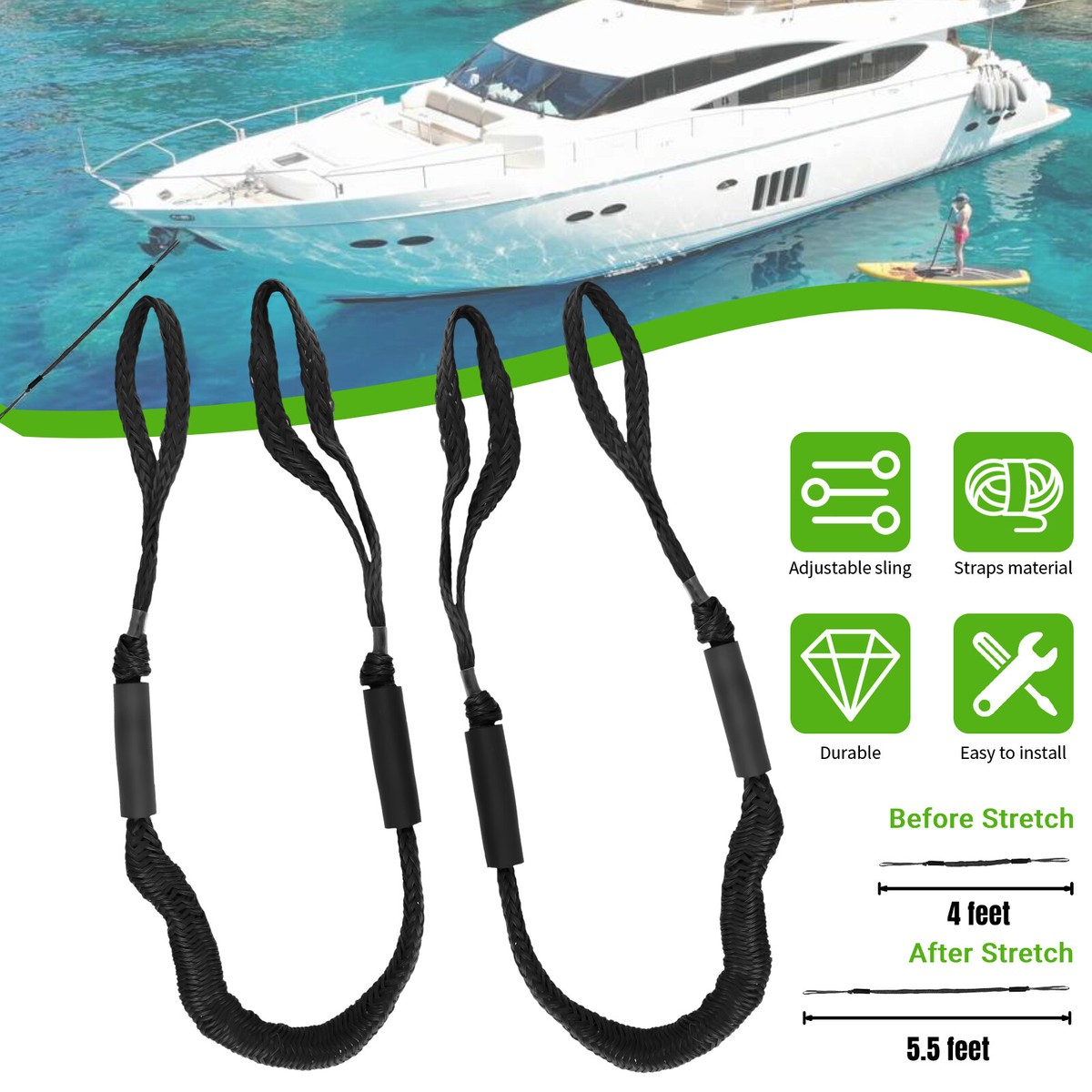 Bungee Dock Line, Mooring Rope, Marine Anchor Line - Accessory For Docking Pontoon Boat Seadoo Bass Boat Jet Ski Kayak Watercraft Waverunner 4 5 5ft Yellow