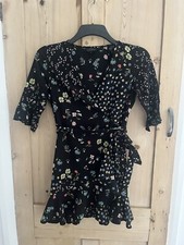 Black floral print wrap dress with frills size 4 TOPSHOP