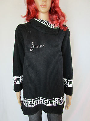 Vintage schwarzer Damen-Strickpullover Retro Perlenverzierung Trichterausschnitt Einheitsgröße Plus AQ24