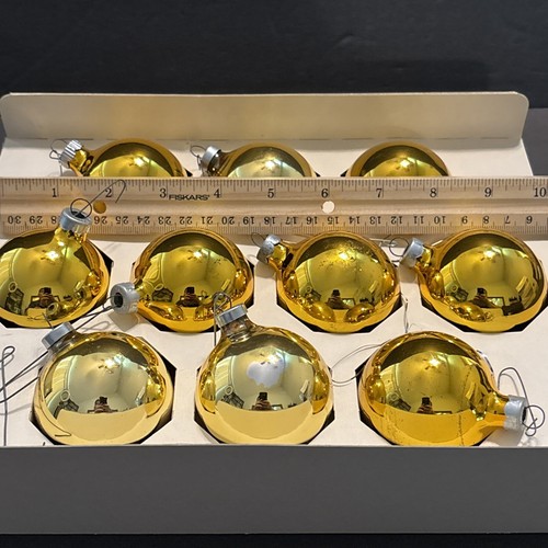 Vintage Box 10 Bradford 2.25 Inch Gold Glass Christmas Tree Ornaments MCM Retro - Picture 7 of 13