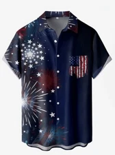 Patriotic Firework & American Flag Lapel Collar Button Up Hawaiian Shirt