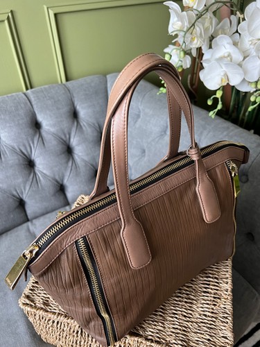 Furla Amazzone Bag Taupe brown leather Expandable Handbag Stud Zip Detail - Picture 11 of 17