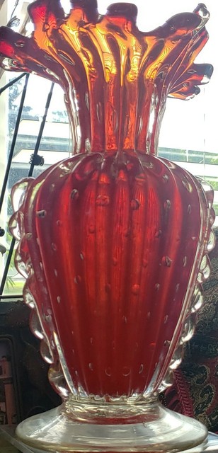 VINTAGE TOSO MURANO Bullicante RED Gold FLECK Controlled Bubbles VASE 