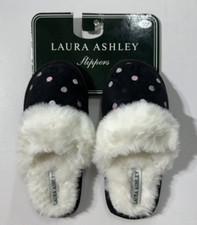 Laura Ashley girl size 1-13 black with polka dots slip on slippers faux fur trim