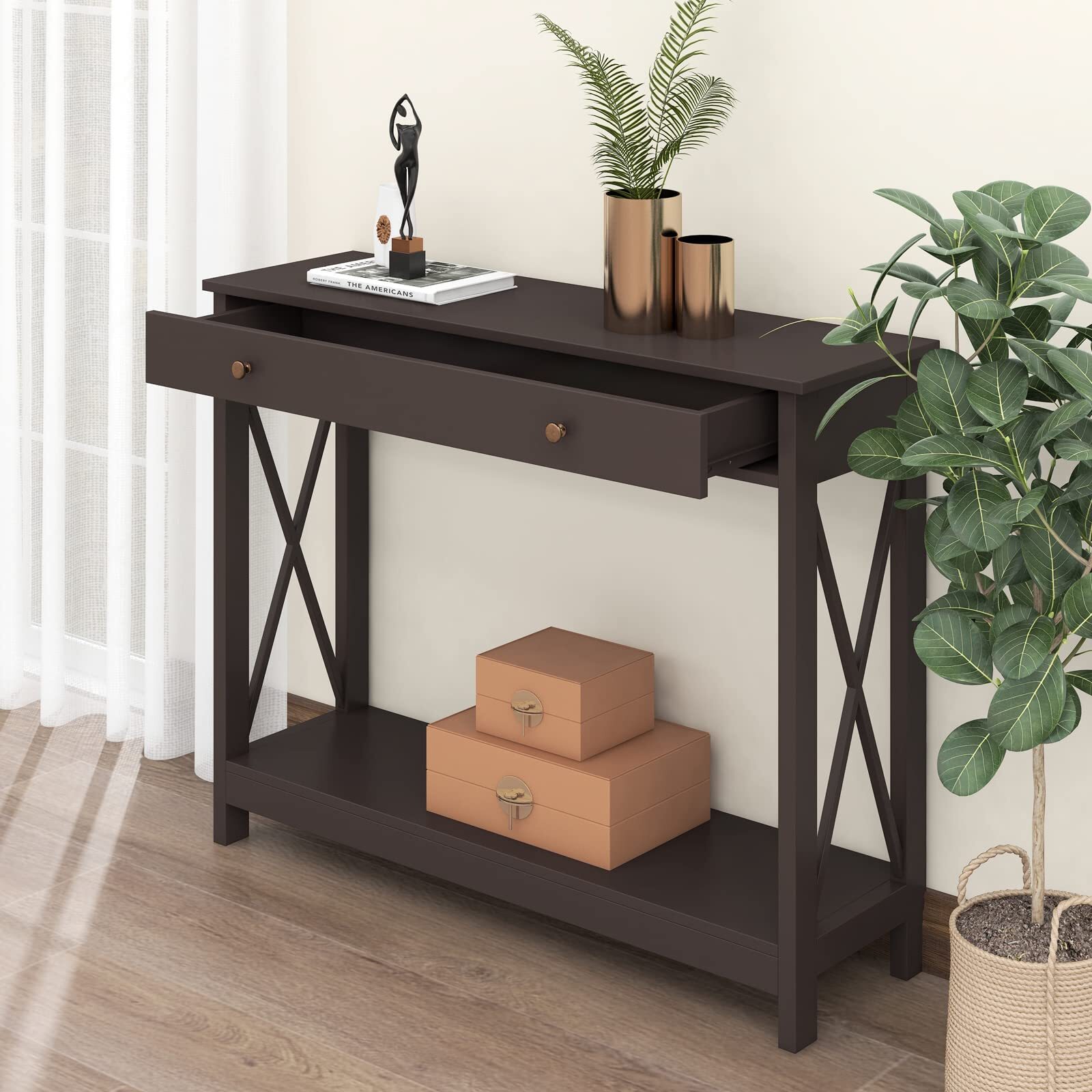 Oxford Design Console Table with Drawer and Storage Shelves, Foyer Sofa Table...