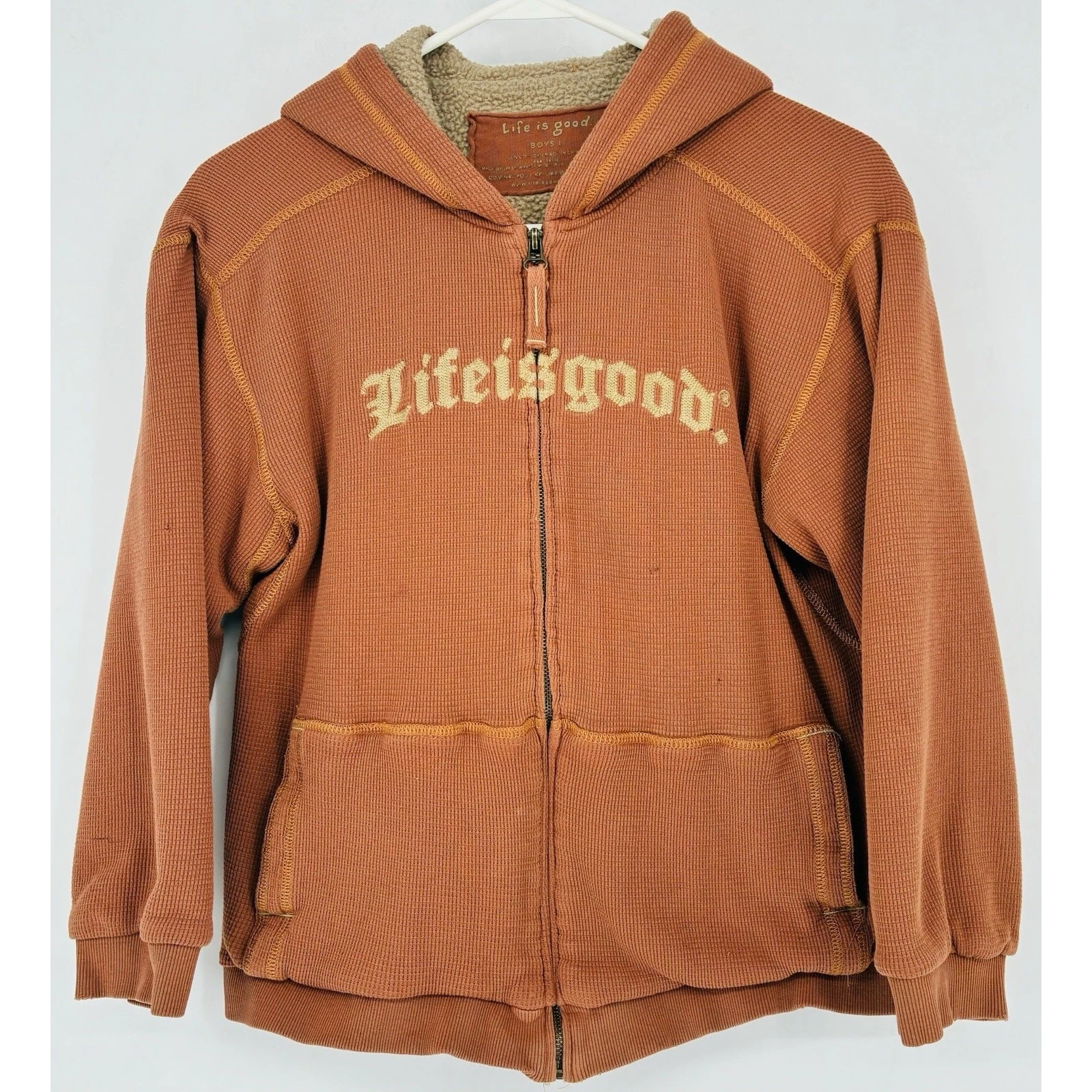 Youth L Life Is Good Full Zip Waffle Fleece lined LS distressed Hoodie