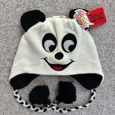 ZooZatZ Beanie Unisex One Size White Black Panda Face Earflap Tassels Woody Logo