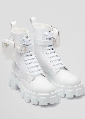 $1695 NIB, PRADA WHITE LEATHER MONOLITH BOOTS WITH POUCHES SZ 41 11