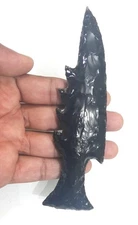 Black Obsidian Knife Dragger crocodile tooth Flint Knife sharpened both sides 5"