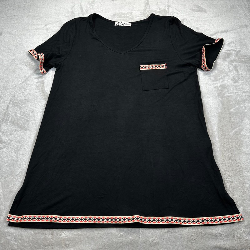 Mai Soli Top Womens M Black Aztec Trim V Neck Rayon Tunic Made in USA