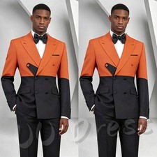 Orange Black Color Block Men's Suits Double Breasted Wedding Prom Tuxedo Jacket