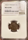 1922-D "Weak D" Lincoln Cent 1C NGC MS62 BN ✦ RARE High Grade variety!!!