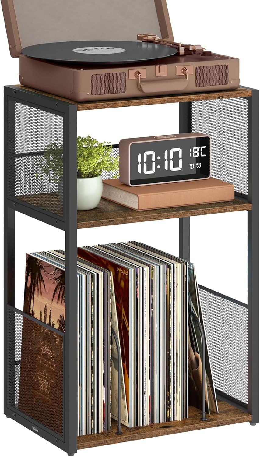 3-Tier Rustic Brown Record Rack Side Table for Bedroom or Living Room