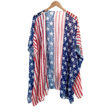 USA American Flag Kimono Cardigan Patriotic 4th of July Sheer Duster
