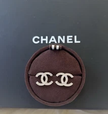 Brand New Authentic Classic Chanel CC Matelasse Silver Tone Stud Earrings