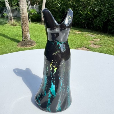 Ceramic Dress Silhouette Vase Black Turquoise Drip Glaze Studio Art Pottery