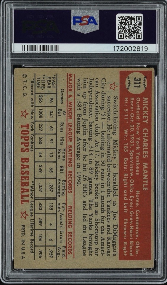 1952 TOPPS #311 MICKEY MANTLE YANKEES HOF PSA 2 FRESH GRADE CENTERING ...
