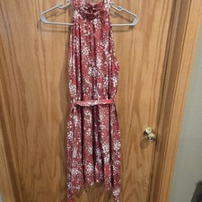 Spring Floral Red High Neck Mini Dress Size Small With Belt Loops And Tie