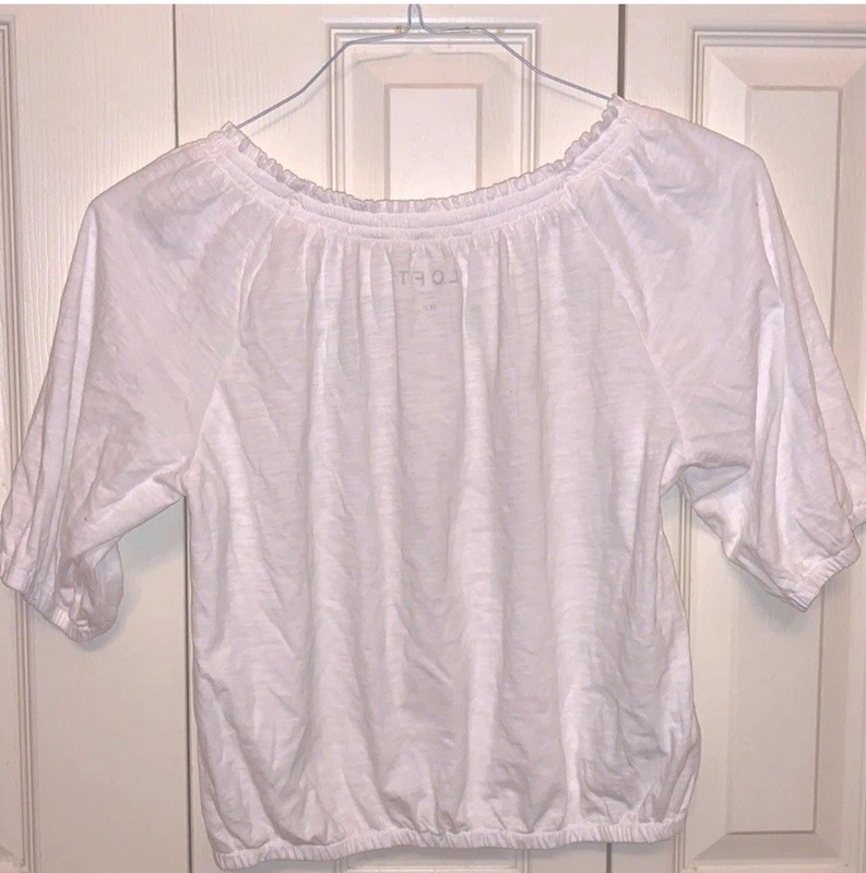 LOFT White  Knit Blouse Short Sleeve Elastic Hem Petite MP NWT