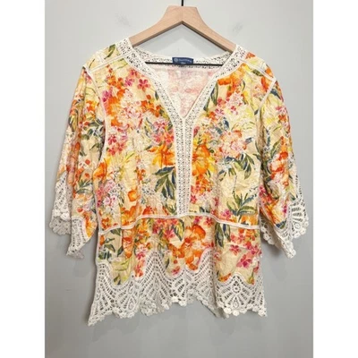Democracy Floral Crochet Lace Embroidered Tunic Top Shirt Yellow 3/4 Sleeve L - Image 1 of 4