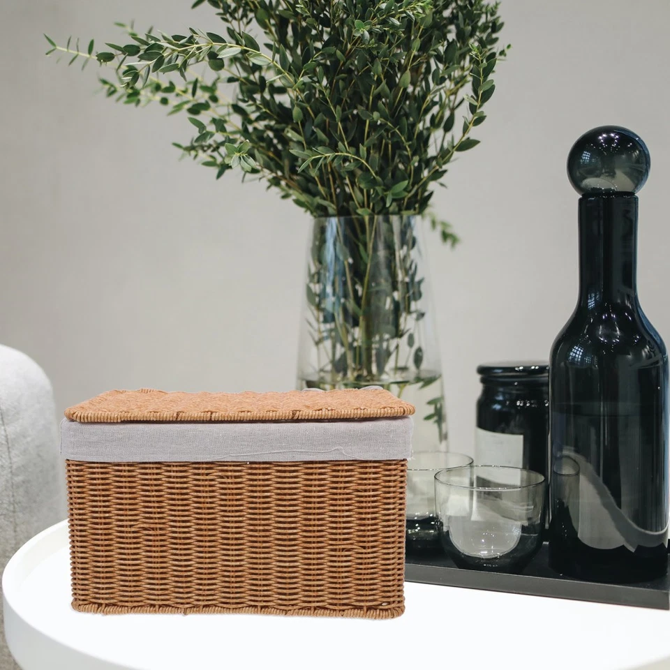 Rectangular Rattan Storage Basket With Lid Woven Wicker Box With Liner Sundries - Image 4 of 4