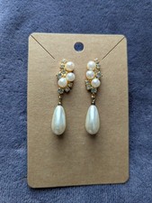 Vintage Gold White Imitation Pearl Rhinestone Teardrop Dangle Drop Earrings 